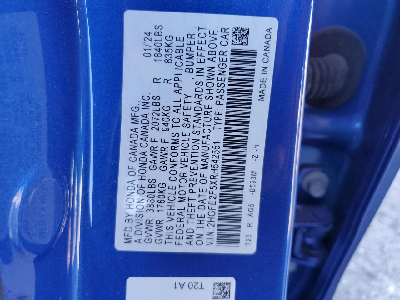 2024 HONDA CIVIC SPORT VIN:2HGFE2F5XRH542551