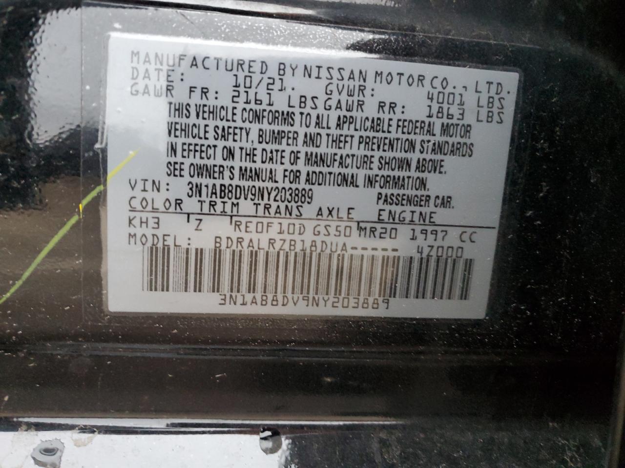 2022 NISSAN SENTRA SR VIN:3N1AB8DV9NY203889
