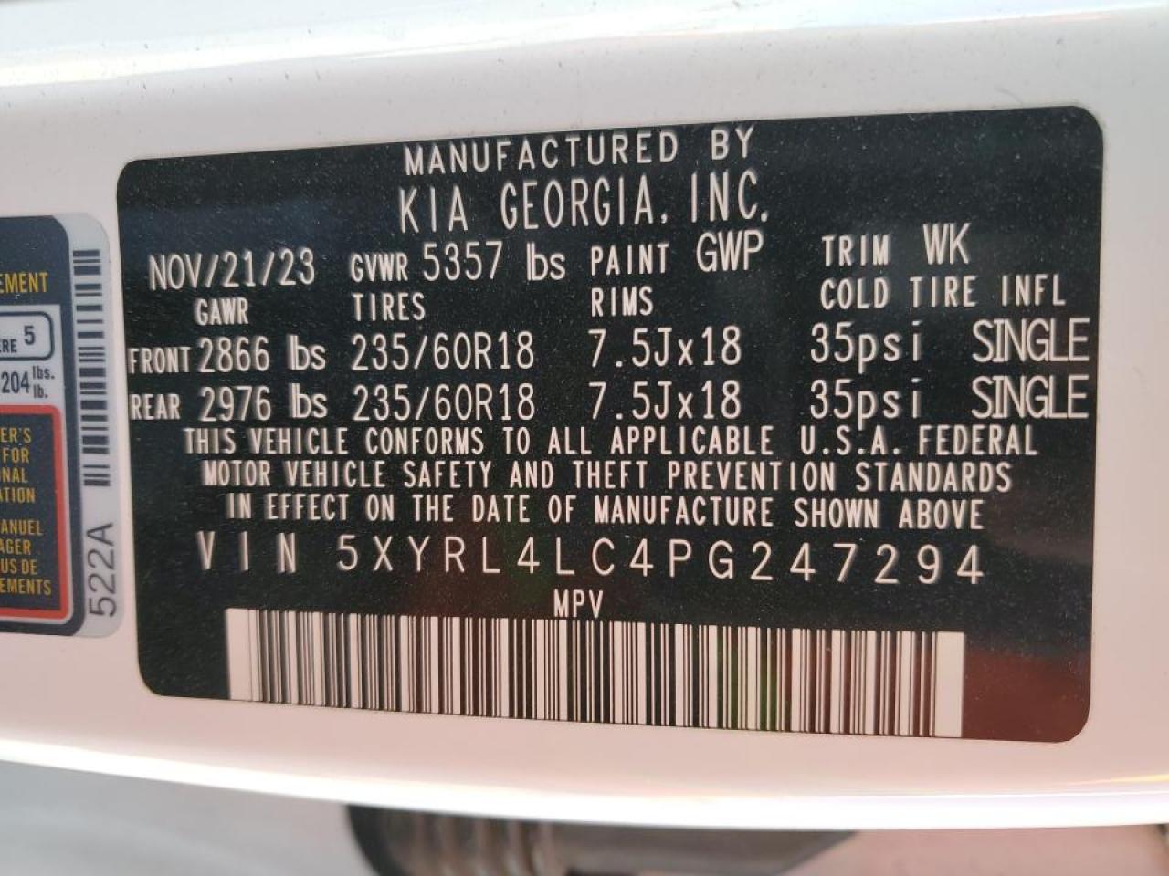 2023 KIA SORENTO S VIN:5XYRL4LC4PG247294