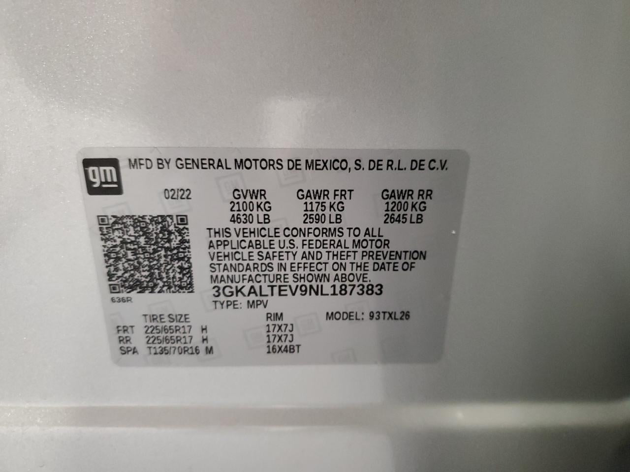 2022 GMC TERRAIN SLE VIN:3GKALTEV9NL187383