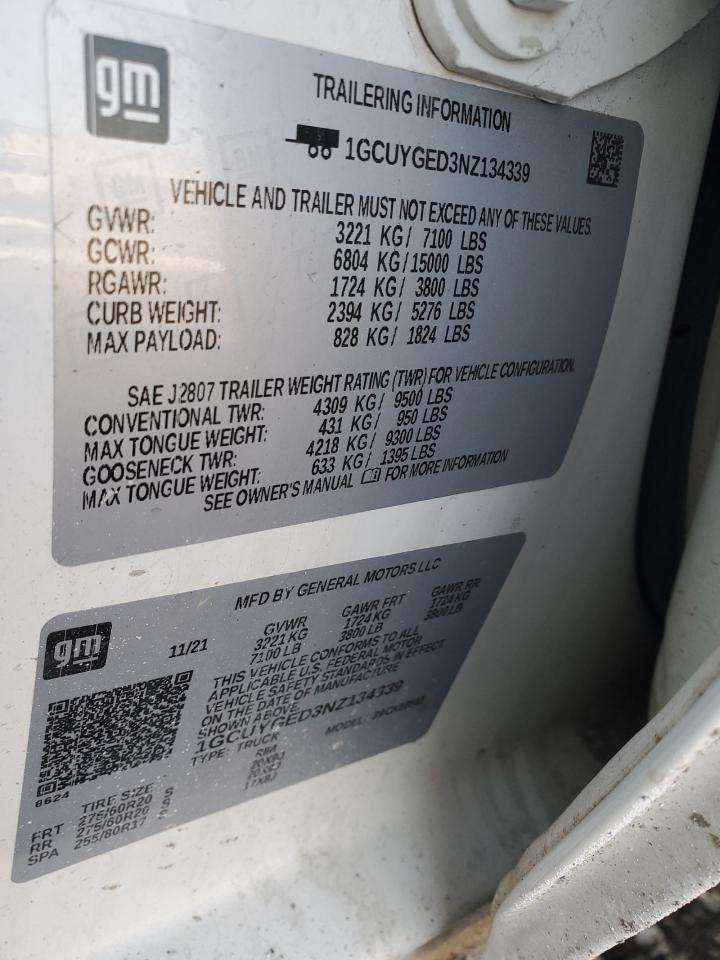 2022 CHEVROLET SILVERADO LTD K1500 LTZ VIN:1GCUYGED3NZ134339