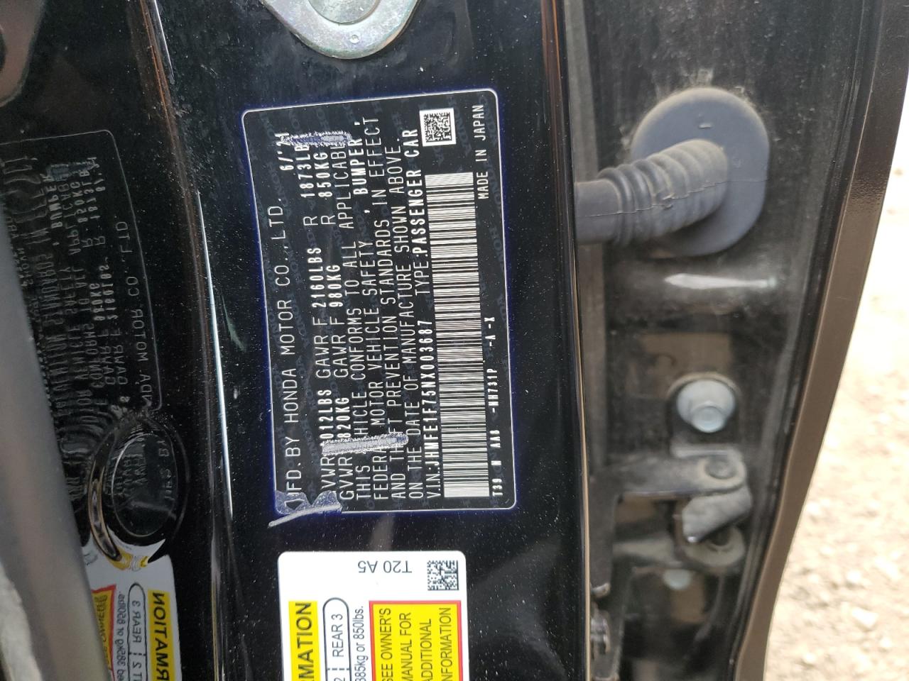 2022 HONDA CIVIC EX VIN:JHMFE1F75NX003687