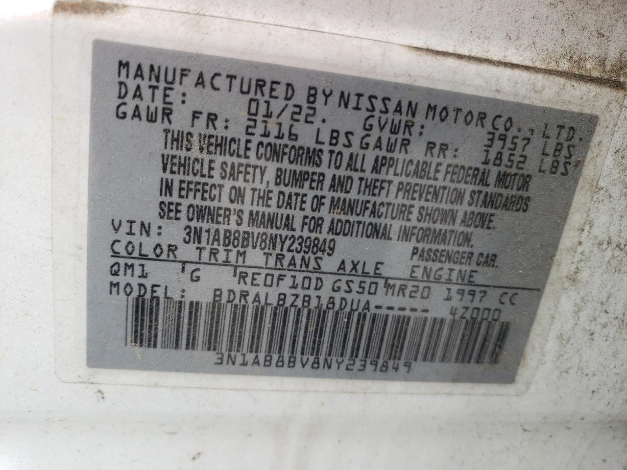 2022 NISSAN SENTRA S VIN:3N1AB8BV8NY239849