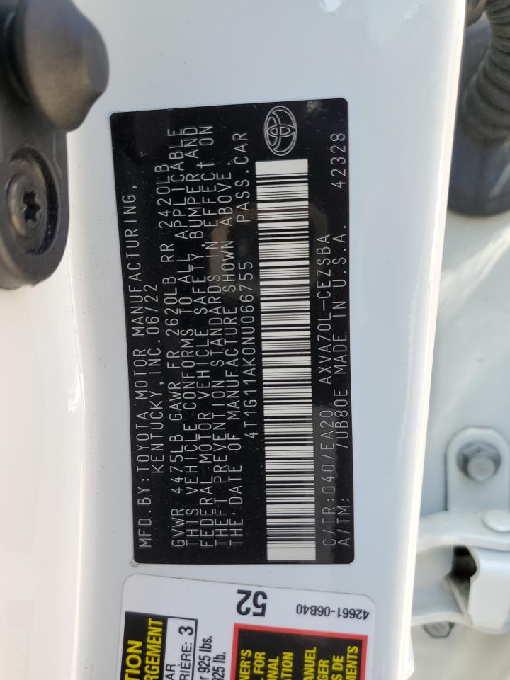 2022 TOYOTA CAMRY SE VIN:4T1G11AK0NU066755