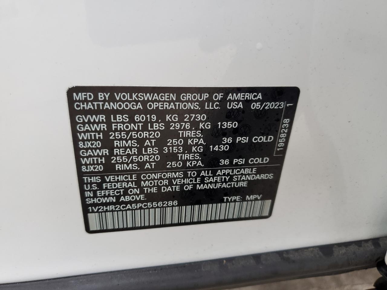 2023 VOLKSWAGEN ATLAS SE VIN:1V2HR2CA5PC556286