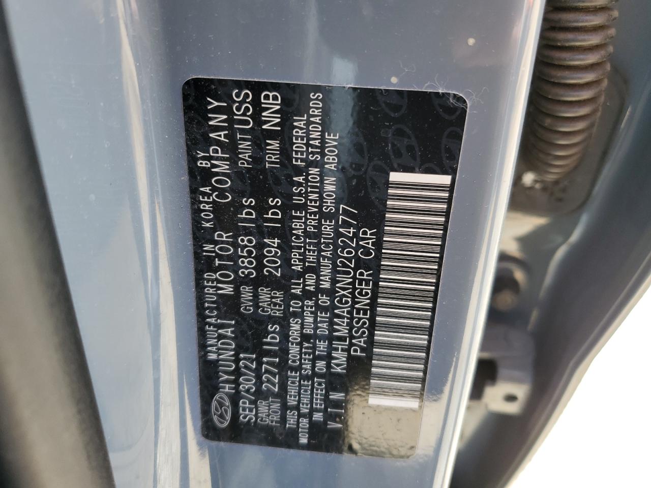 2022 HYUNDAI ELANTRA SEL VIN:KMHLM4AGXNU262477
