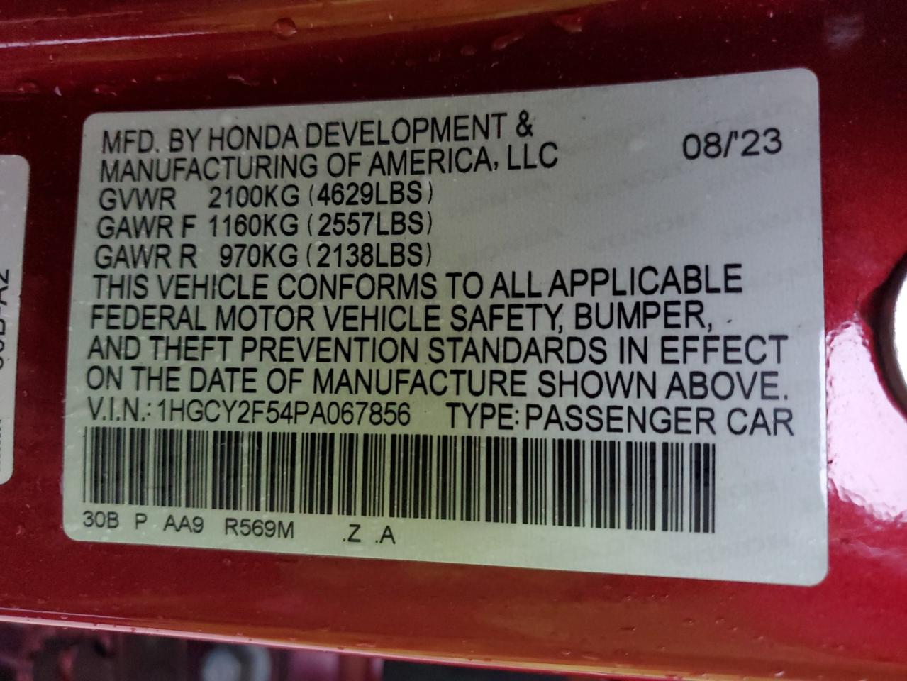 2023 HONDA ACCORD HYBRID SPORT VIN:1HGCY2F54PA067856