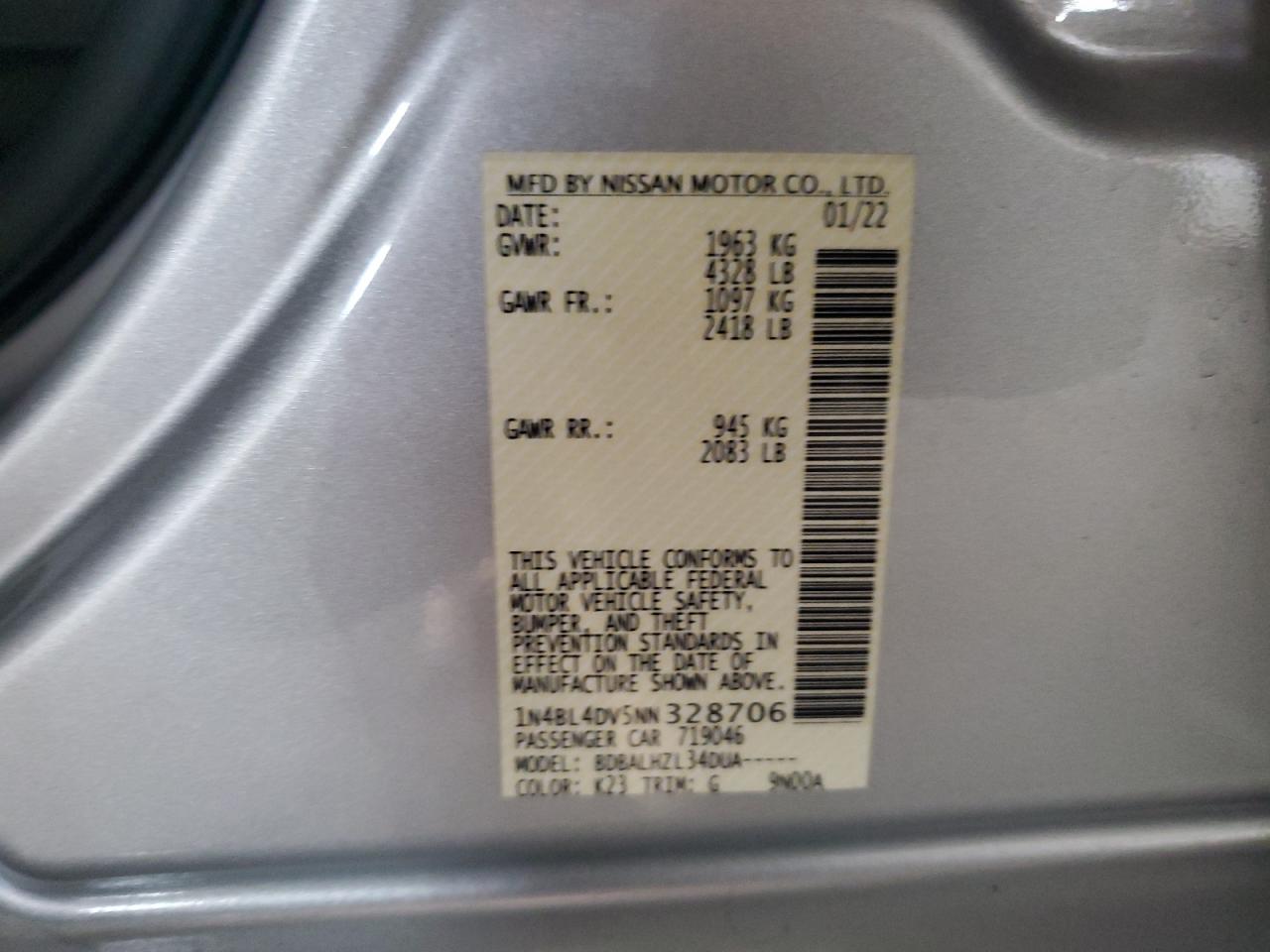 2022 NISSAN ALTIMA SV VIN:1N4BL4DV5NN328706
