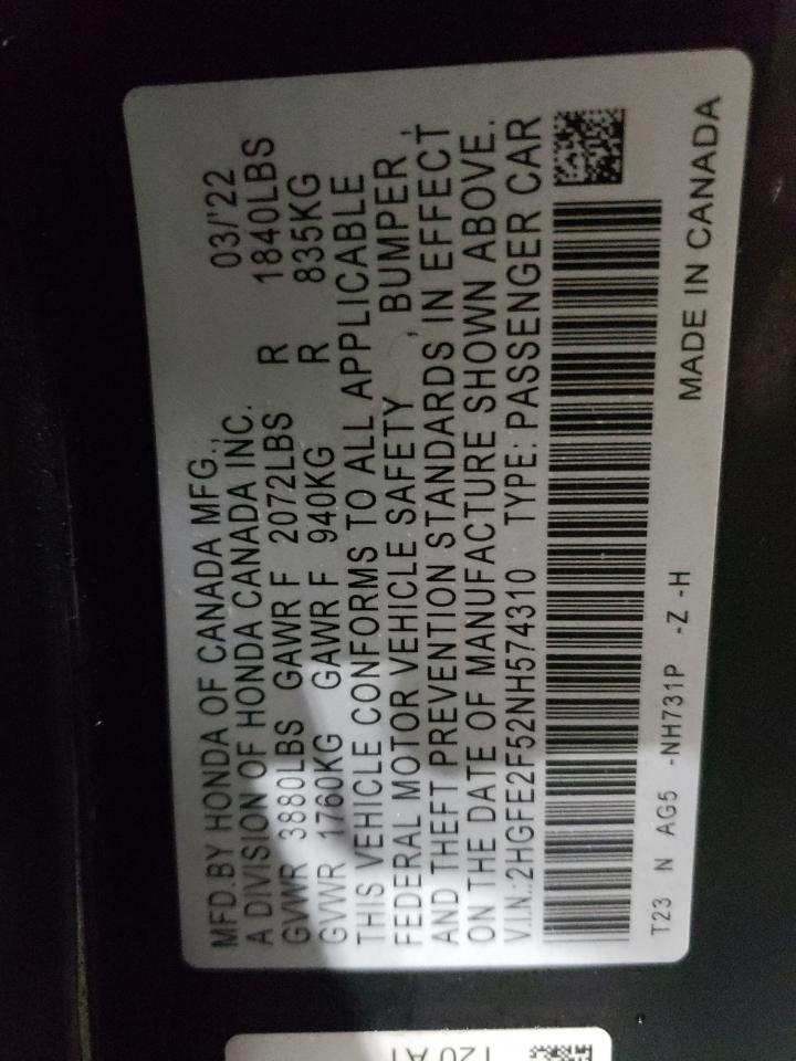 2022 HONDA CIVIC SPORT VIN:2HGFE2F52NH574310