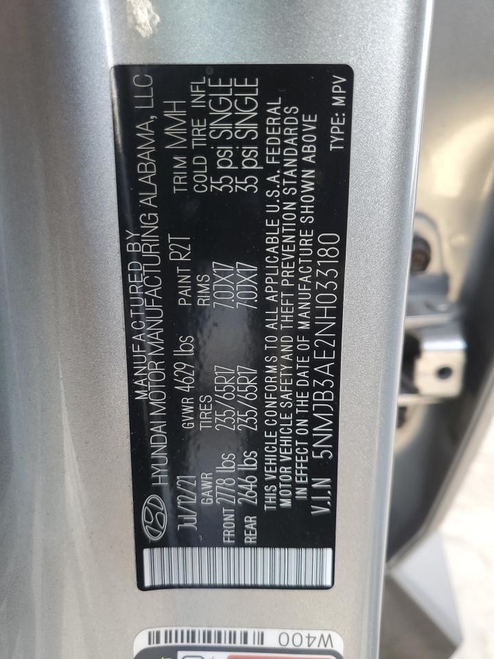 2022 HYUNDAI TUCSON SEL VIN:5NMJB3AE2NH033180