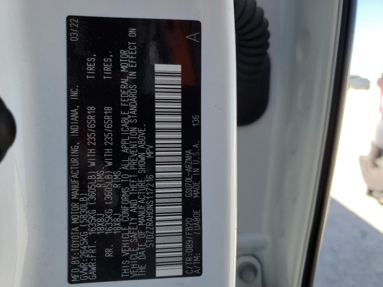 2022 TOYOTA HIGHLANDER L VIN:5TDZZRAH0NS117216