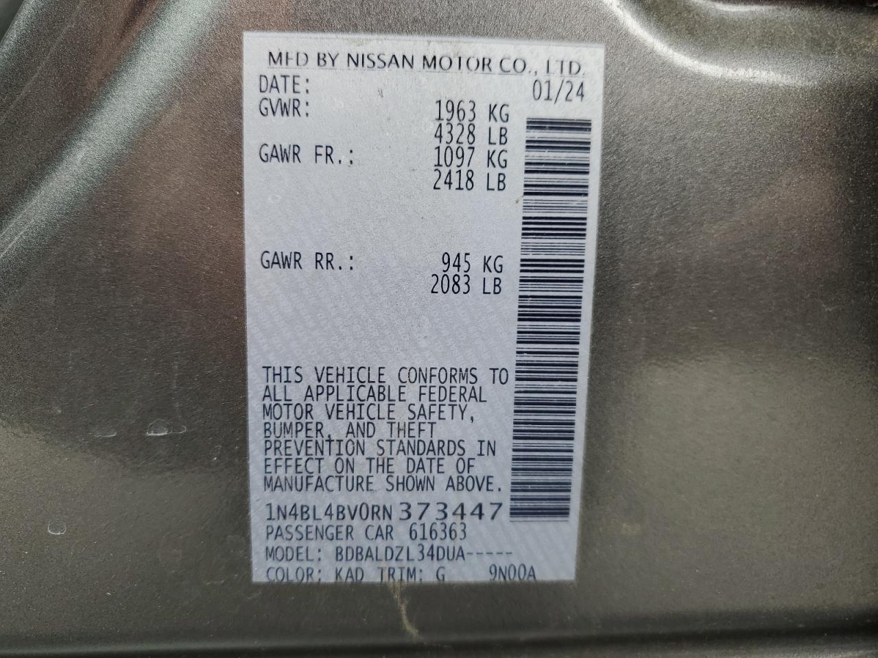 2024 NISSAN ALTIMA S VIN:1N4BL4BV0RN373447