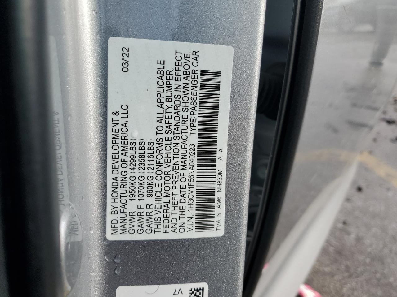 2022 HONDA ACCORD EXL VIN:1HGCV1F56NA040223