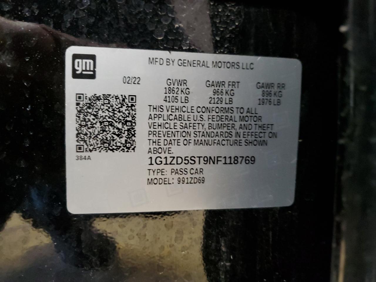 2022 CHEVROLET MALIBU LT VIN:1G1ZD5ST9NF118769