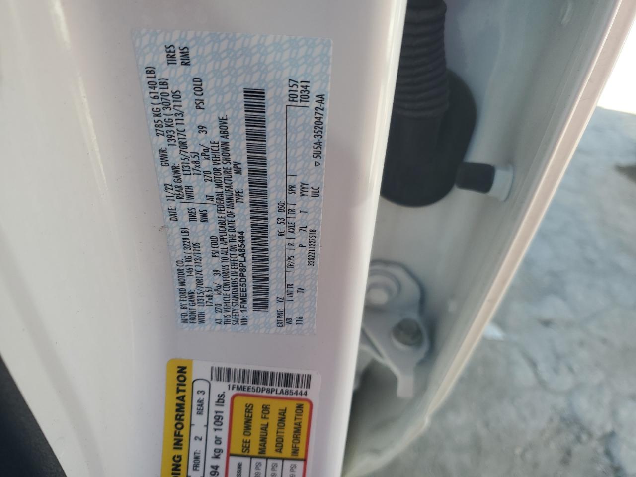 2023 FORD BRONCO BASE VIN:1FMEE5DP8PLA85444