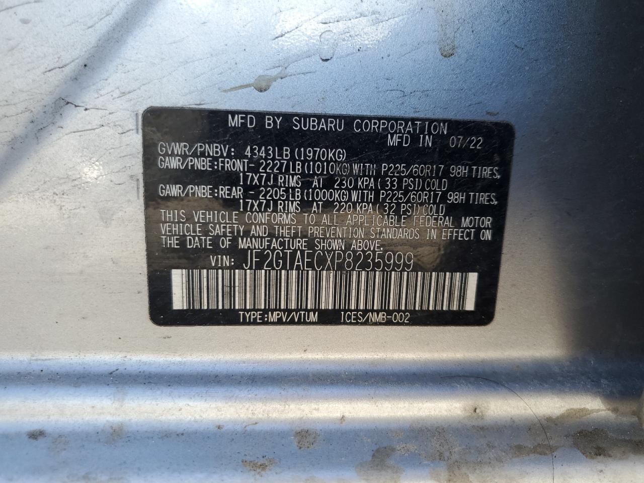 2023 SUBARU CROSSTREK PREMIUM VIN:JF2GTAECXP8235999