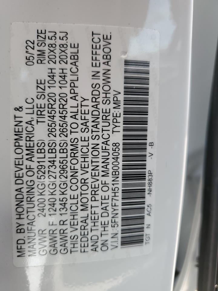 2022 HONDA PASSPORT EXL VIN:5FNYF7H51NB004058