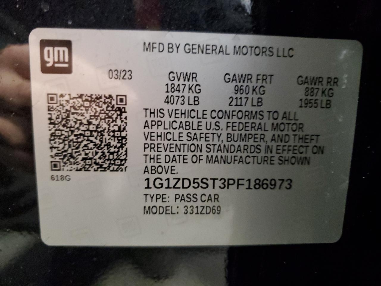 2023 CHEVROLET MALIBU LT VIN:1G1ZD5ST3PF186973