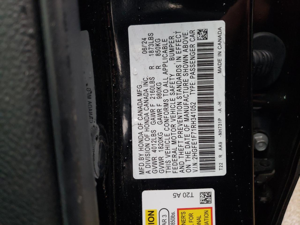 2024 HONDA CIVIC EX VIN:2HGFE1F71RH341052