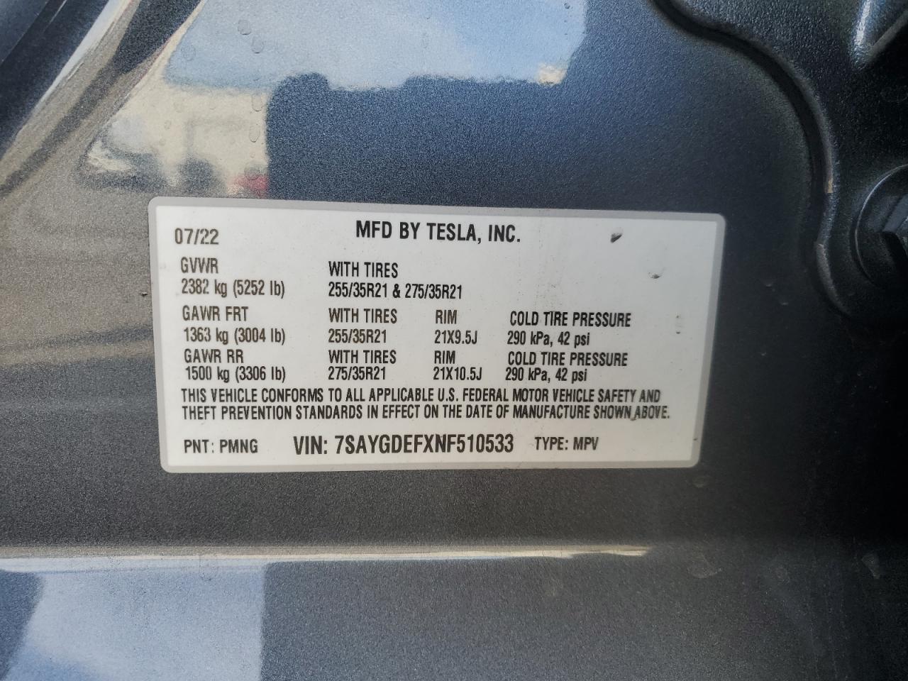 2022 TESLA MODEL Y  VIN:7SAYGDEFXNF510533