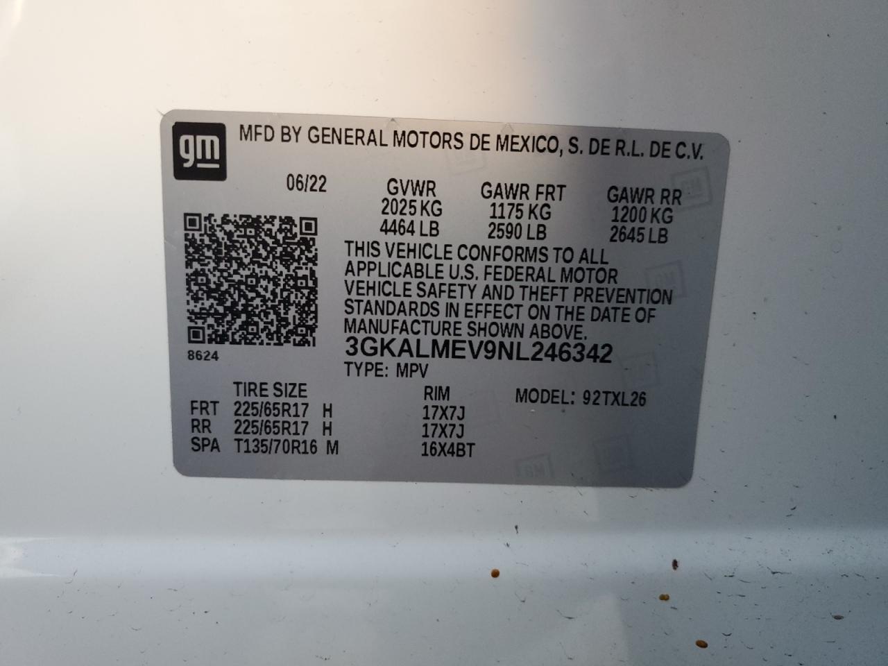 2022 GMC TERRAIN SLE VIN:3GKALMEV9NL246342