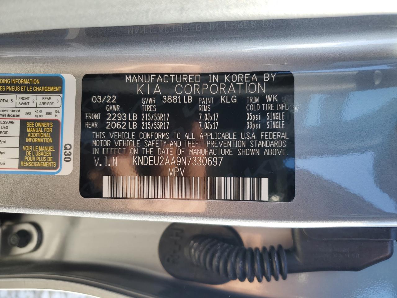 2022 KIA SELTOS S VIN:KNDEU2AA9N7330697
