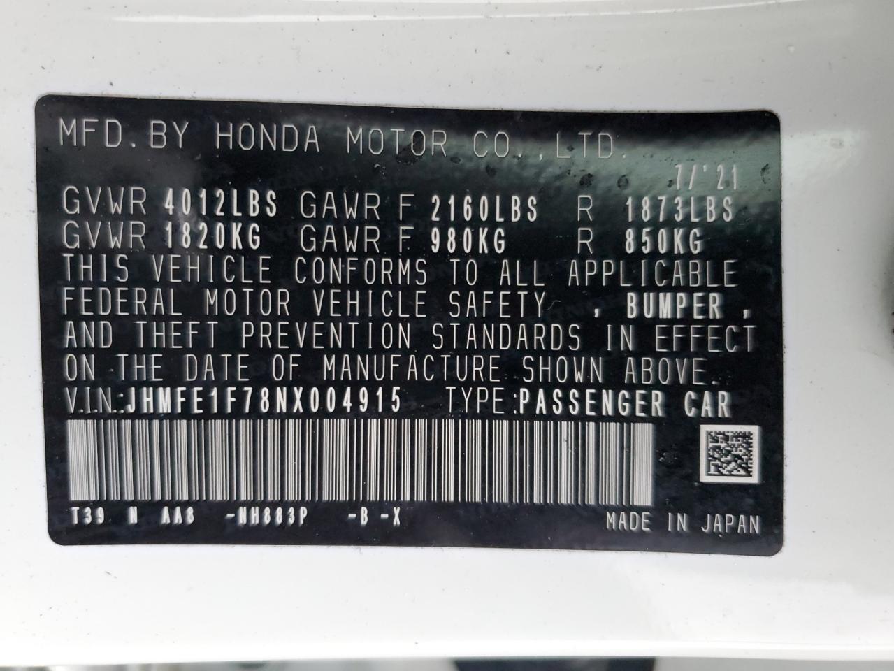 2022 HONDA CIVIC EX VIN:JHMFE1F78NX004915