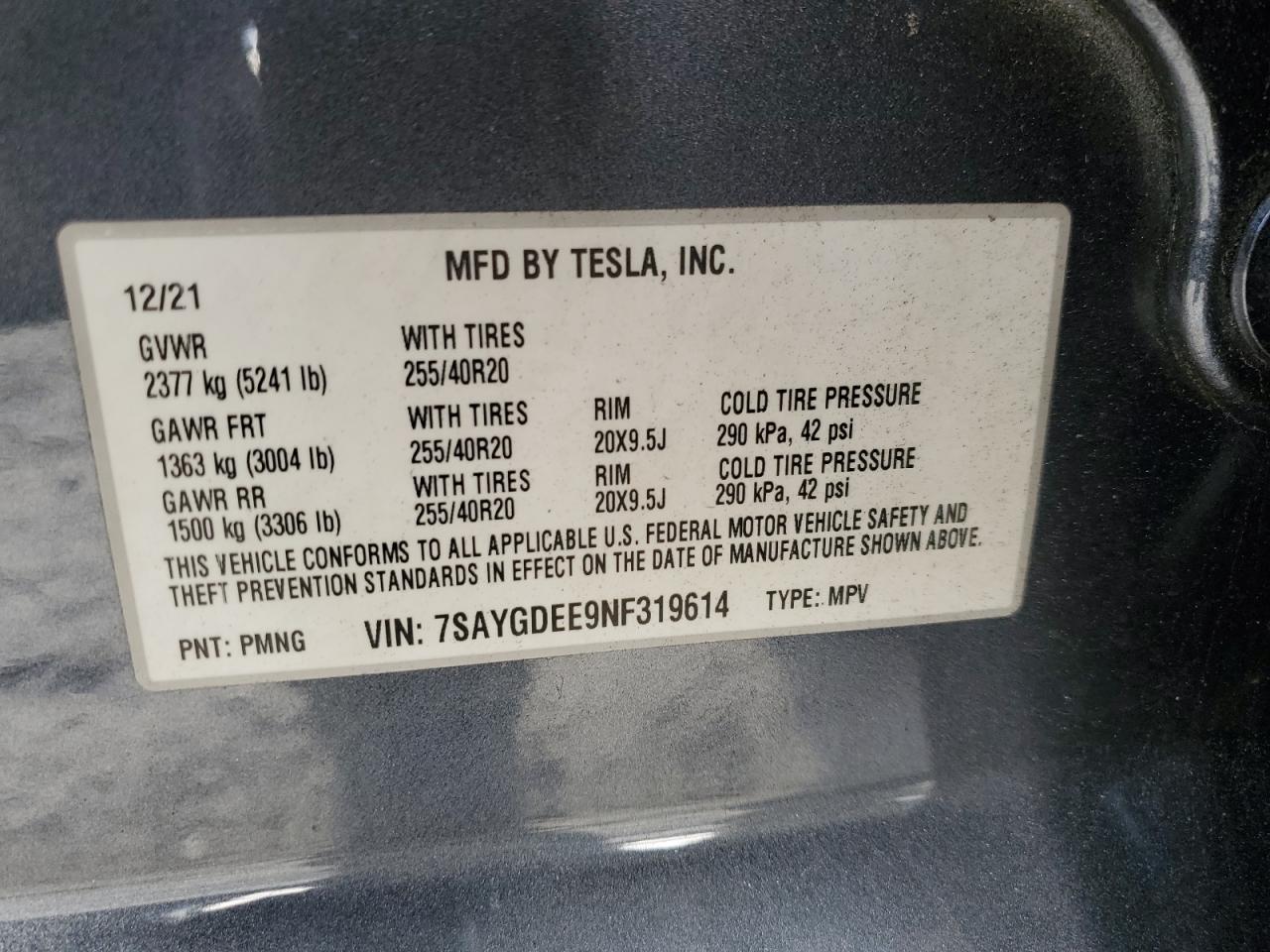 2022 TESLA MODEL Y  VIN:7SAYGDEE9NF319614