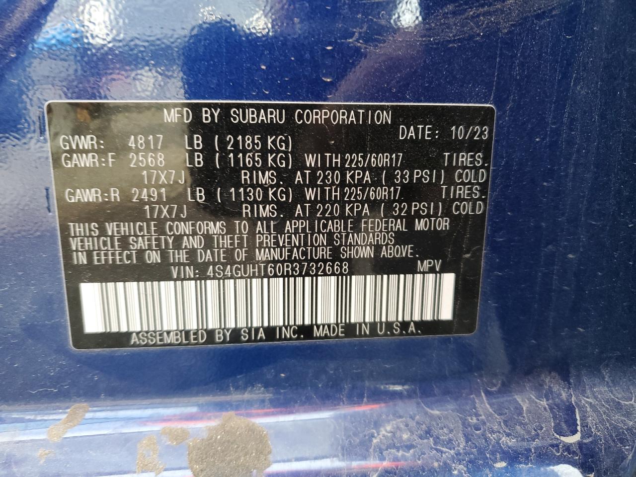 2024 SUBARU CROSSTREK WILDERNESS VIN:4S4GUHT60R3732668