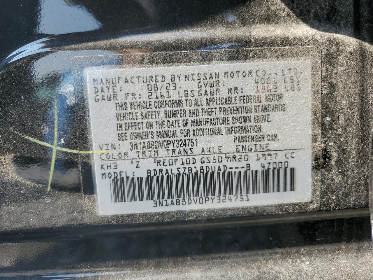 2023 NISSAN SENTRA SR VIN:3N1AB8DV0PY324751