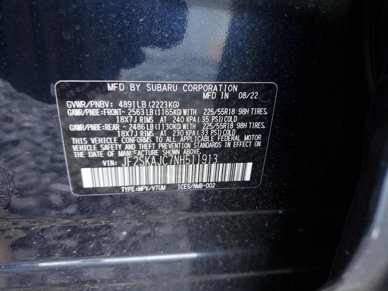 2022 SUBARU FORESTER SPORT VIN:JF2SKAJC7NH511913