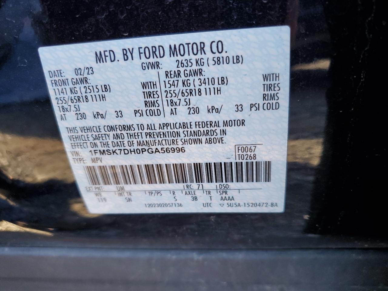 2023 FORD EXPLORER XLT VIN:1FMSK7DH0PGA56996