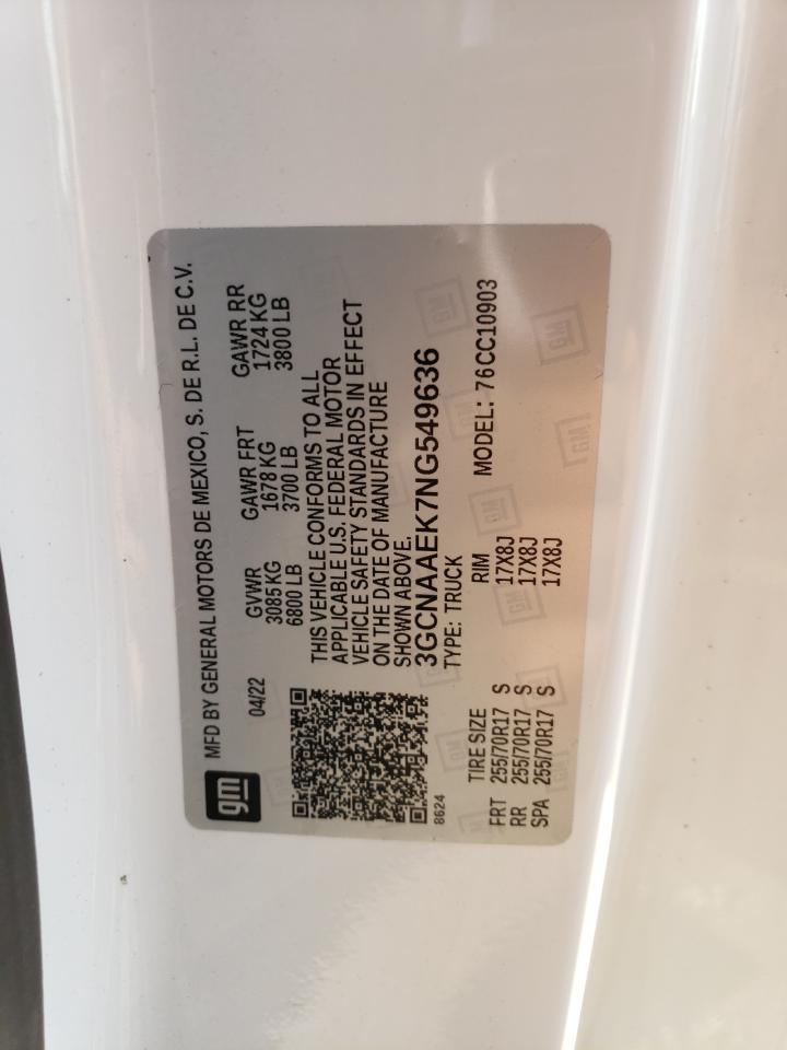 2022 CHEVROLET SILVERADO C1500 VIN:3GCNAAEK7NG549636