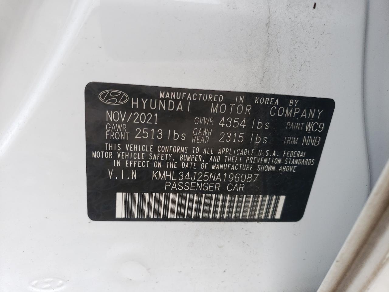 2022 HYUNDAI SONATA LIMITED VIN:KMHL34J25NA196087