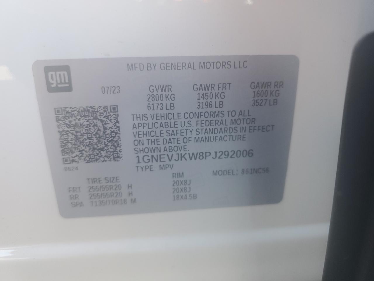 2023 CHEVROLET TRAVERSE RS VIN:1GNEVJKW8PJ292006