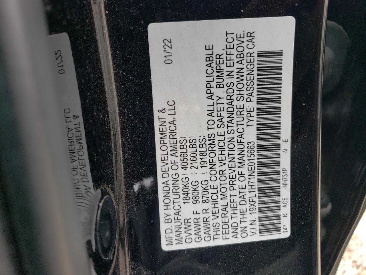 2022 HONDA CIVIC EXL VIN:19XFL1H71NE015663