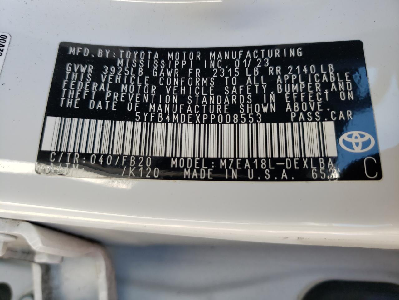 2023 TOYOTA COROLLA LE VIN:5YFB4MDEXPP008553