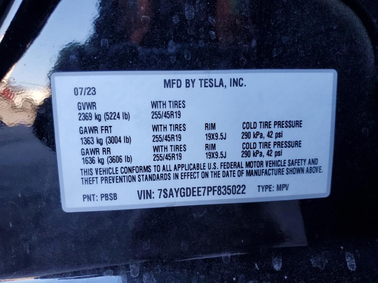 2023 TESLA MODEL Y  VIN:7SAYGDEE7PF835022