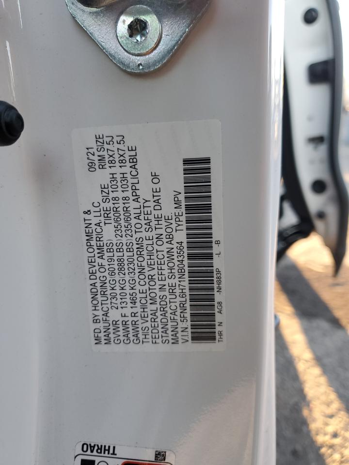 2022 HONDA ODYSSEY EXL VIN:5FNRL6H71NB043564