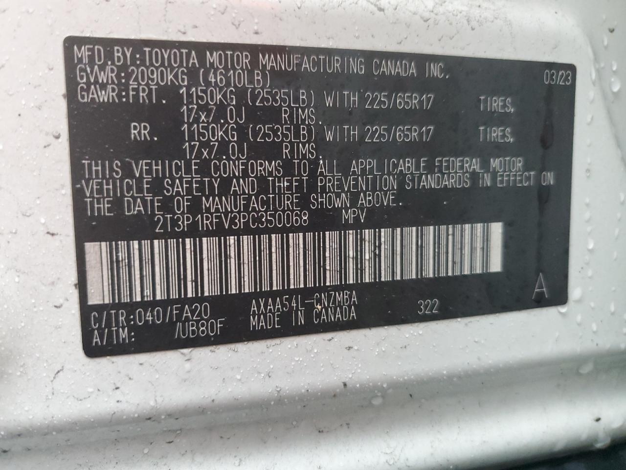 2023 TOYOTA RAV4 XLE VIN:2T3P1RFV3PC350068