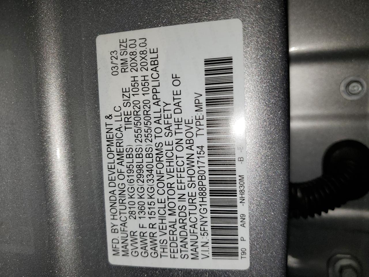 2023 HONDA PILOT ELITE VIN:5FNYG1H88PB017154