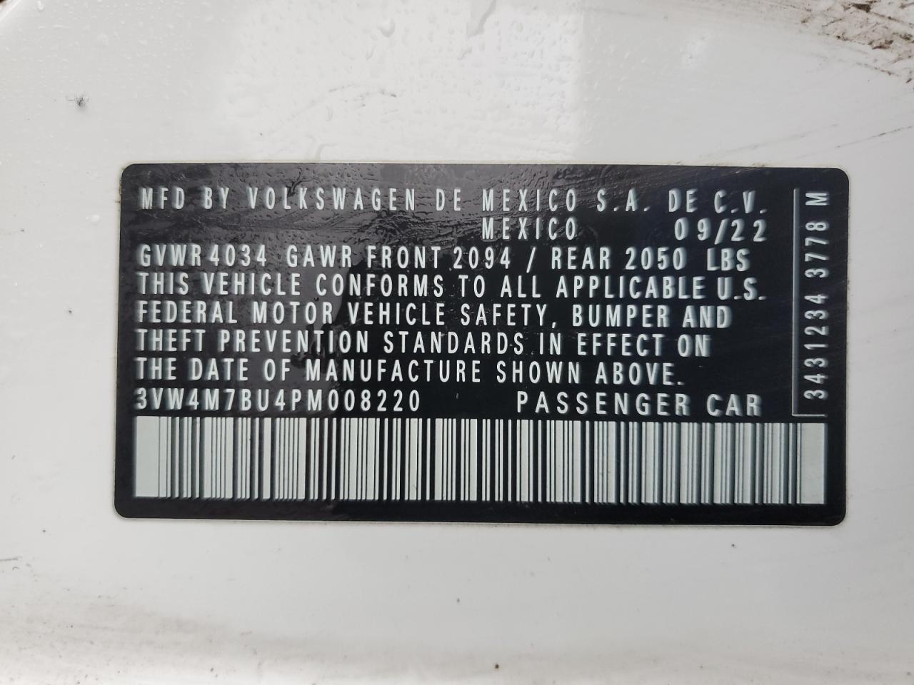2023 VOLKSWAGEN JETTA S VIN:3VW4M7BU4PM008220