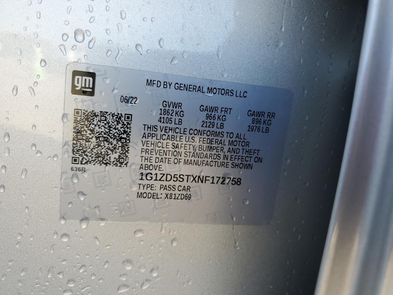 2022 CHEVROLET MALIBU LT VIN:1G1ZD5STXNF172758