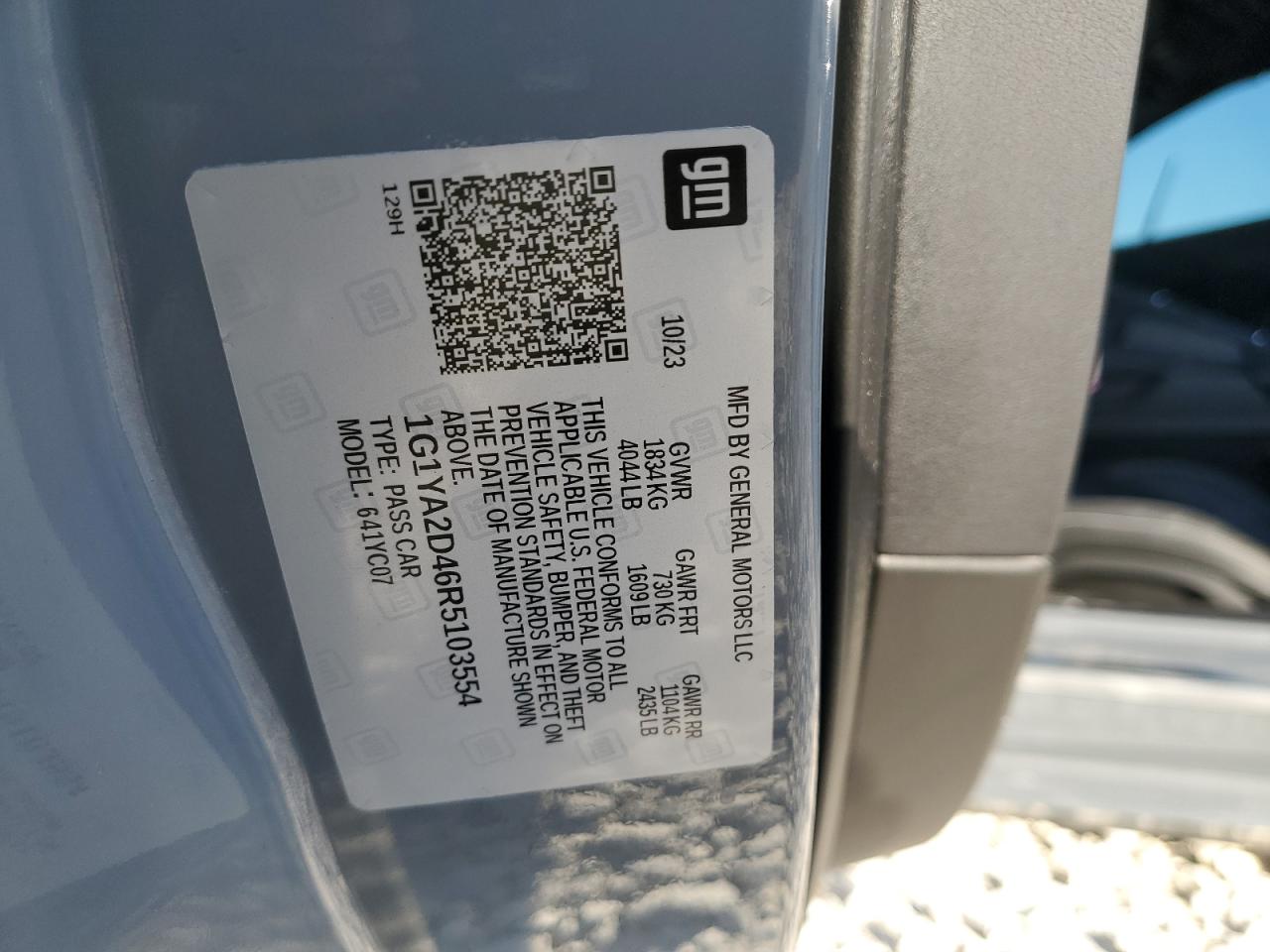 2024 CHEVROLET CORVETTE STINGRAY 1LT VIN:1G1YA2D46R5103554