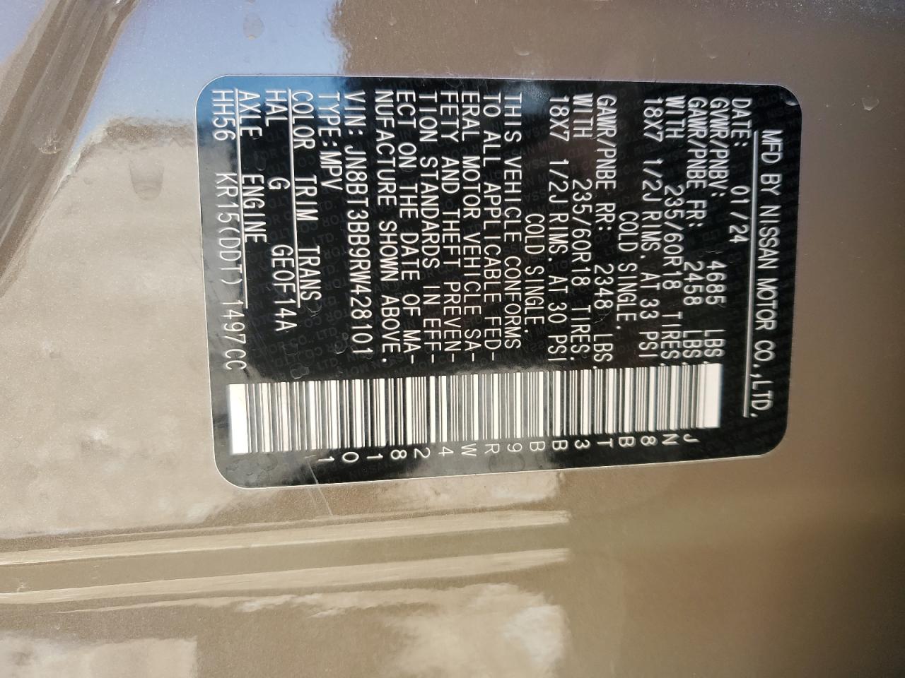 2024 NISSAN ROGUE SV VIN:JN8BT3BB9RW428101