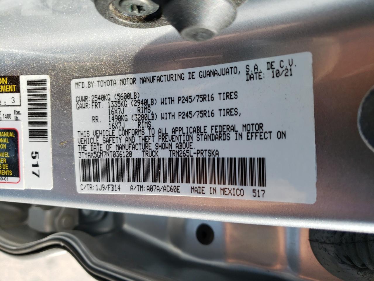 2022 TOYOTA TACOMA DOUBLE CAB VIN:3TYAX5GN7NT036128