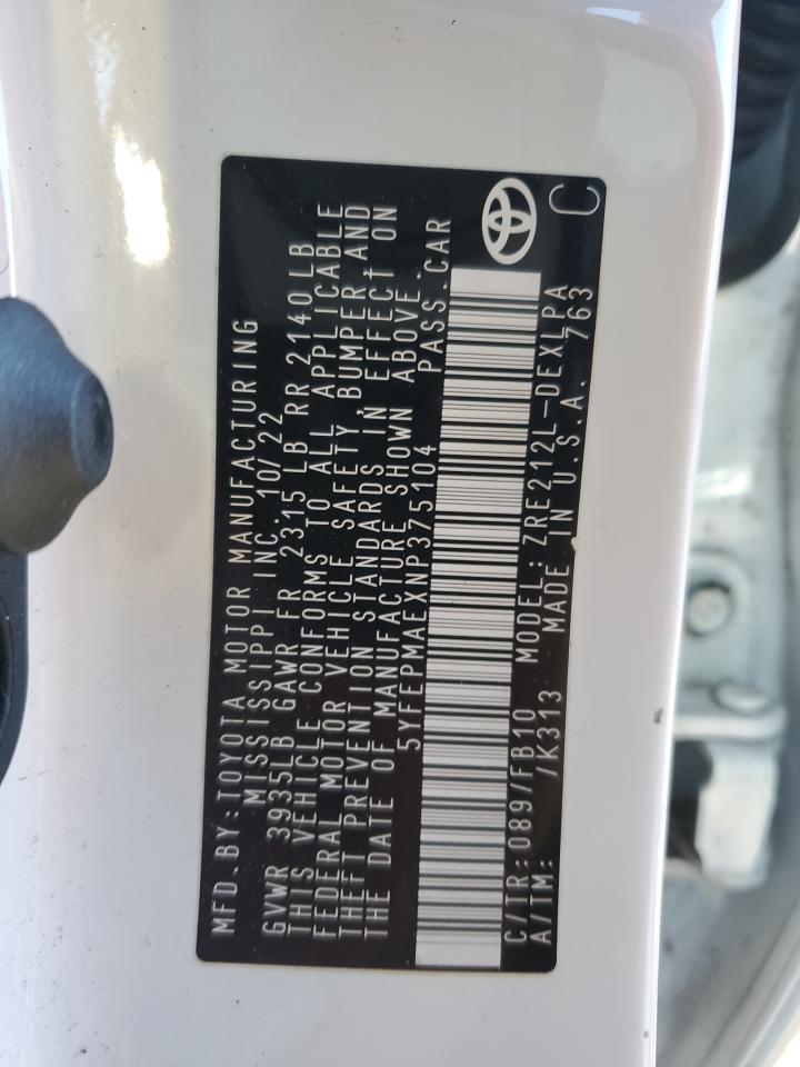 2022 TOYOTA COROLLA LE VIN:5YFEPMAEXNP375104