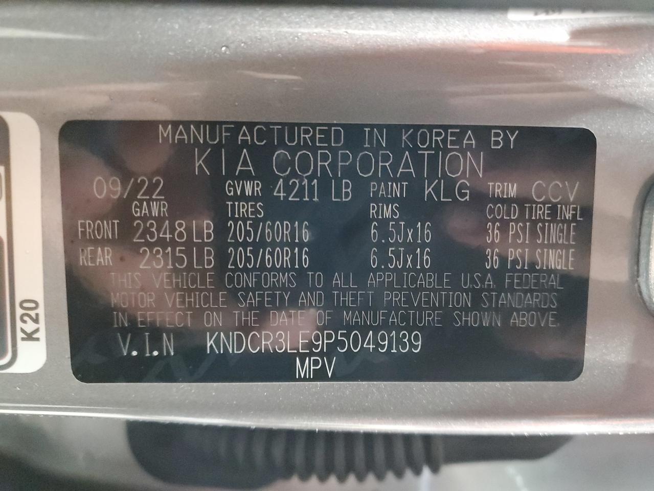 2023 KIA NIRO EX VIN:KNDCR3LE9P5049139