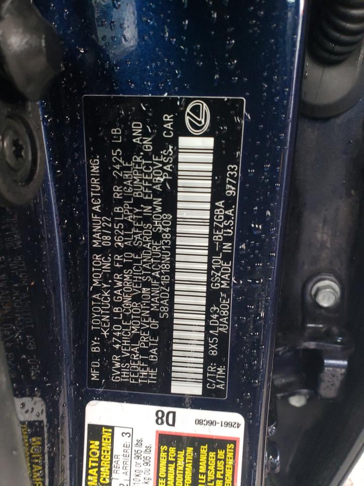 2022 LEXUS ES 350 BASE VIN:58ADZ1B18NU138408