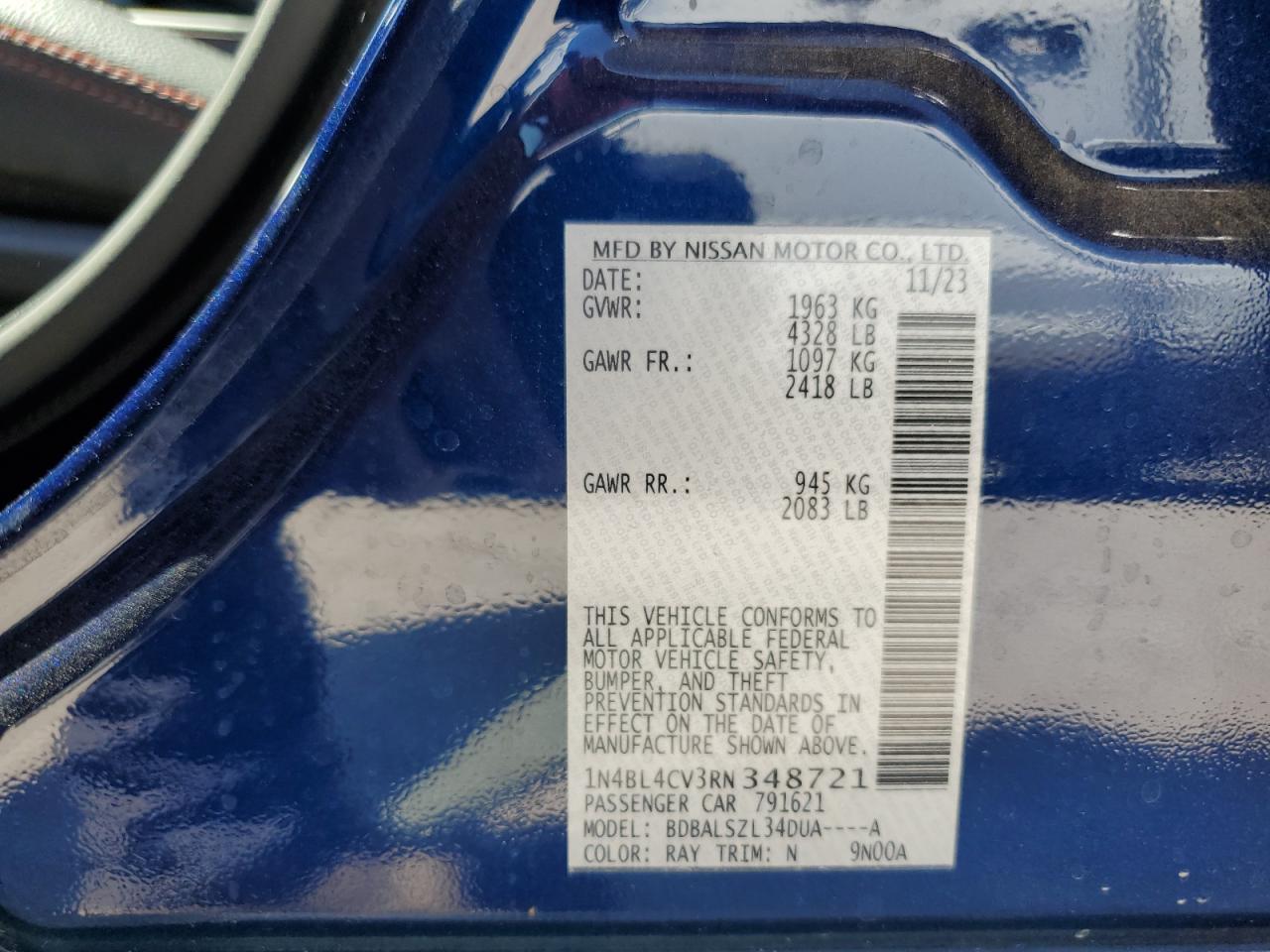 2024 NISSAN ALTIMA SR VIN:1N4BL4CV3RN348721